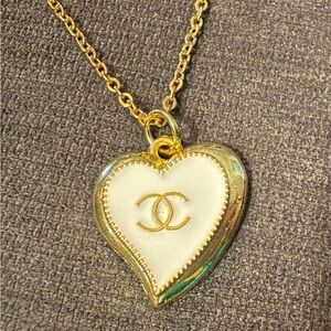 Gold and White Heart Pendant Necklace with Up cycled charm